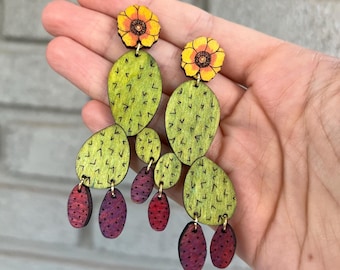Prickly Pear Cactus Hand-Painted Dangling Stud Wooden Earrings