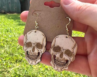 Human Skull Hand-Painted Wooden Dangle Earrings