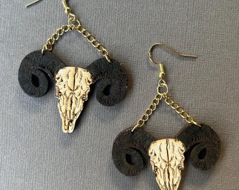 Ram Skull Hand-Painted Wooden Dangle Earrings