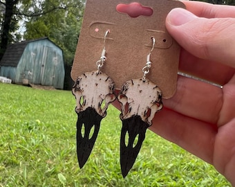Raven Skull Hand-painted Wooden Dangle Earrings