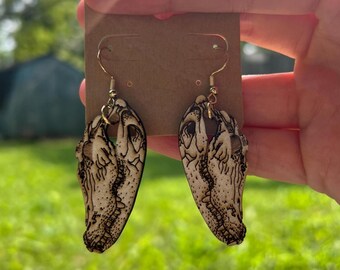 Alligator Skull Hand-Painted Wooden Dangle Earrings