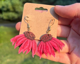 Coneflower hand-painted wooden dangle earrings