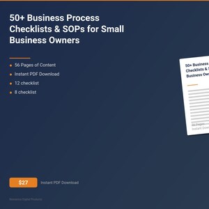 May include: A digital product advertisement on a dark blue background. The text reads "50+ Business Process Checklists & SOPs for Small Business Owners." Additional text highlights 56 pages of content, an instant PDF download, and checklists. A white document is also shown.