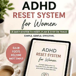 Sistema de reinicio para el TDAH en mujeres, planificador de rutina diaria, planificación de comidas para el TDAH, ayuda para la disfunción ejecutiva, sistema de productividad imprimible
