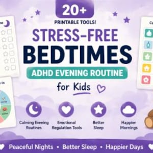Puede incluir: Gráfico promocional con el texto "Stress-Free Bedtimes" y "ADHD Evening Routine for Kids". Incluye listas de verificación, un kit de herramientas para calmarse y una ilustración de oso de peluche. La combinación de colores es morado y blanco.