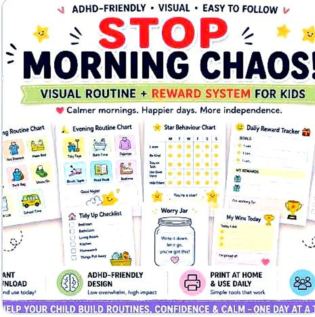 ADHD Routine System for Kids Printable PDF, Visual Schedule & Reward ...