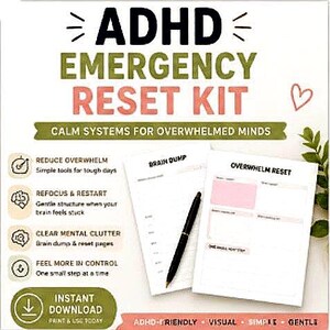 Può includere: Un kit di ripristino di emergenza ADHD con il testo "ADHD EMERGENCY RESET KIT" in nero, verde e rosa. Il kit include pagine stampabili, una penna e una grafica a cuore. Il kit è progettato per ridurre il sovraccarico e l'affollamento mentale.