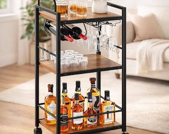 Rustic Rolling Bar Cart with Wine Rack for Small Spaces