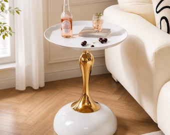 White Round Side Table with Gold Base