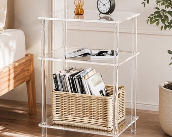 Clear Acrylic 3-Tier End Table, Small Bedside Shelf for Living Room