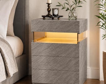 Grey 4-Drawer Tall Nightstand, Modern End Table with Multicolor LED Lights