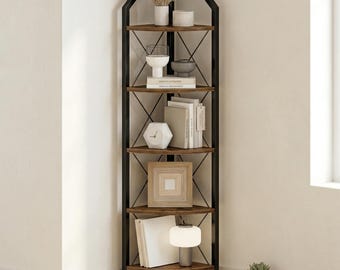 5 Tier Corner Shelf Industrial Bookshelf Storage Stand Rustic Brown Black