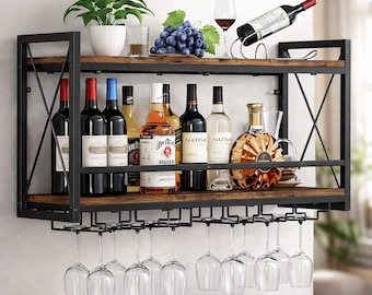 Wall Mounted Wine Rack, Retro Wood-Metal Bottle & Glass Holder for Home Bar