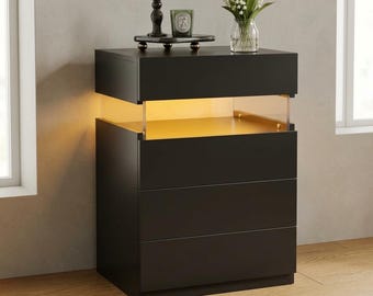 Black 4-Drawer Nightstand with Multi-Color LED Lights, Modern End Table