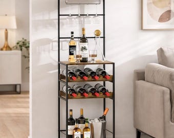 5 Tier Corner Wine Rack Rustic Brown Mini Bar Cabinet