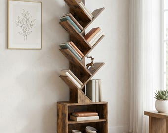 6 Tier Tree Bookshelf with Drawers, Narrow Rustic Wooden Bookcase Organizer