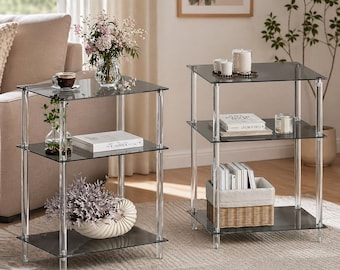 Modern 3 Tier Set of 2 Acrylic Narrow Side Table, Bedroom End Table