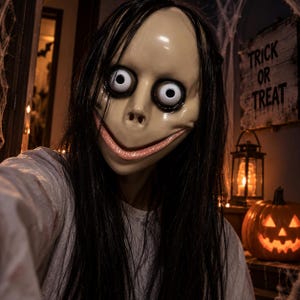 Peut inclure: Un masque d'Halloween couvrant toute la tête avec un visage pâle et lisse, de grands yeux blancs saillants, des pupilles noires et une bouche rose-rouge exagérément large. Le masque a de longs cheveux noirs raides et une chemise à manches longues.