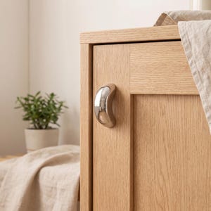May include: A light-colored oak wood cabinet door featuring a smooth, curved, polished chrome metal handle. The wood grain is visible across the vertical panel and frame of the door, which is accented by a shiny, reflective metallic pull.