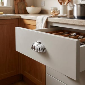 Puede incluir: Un cajón de cocina gris claro abierto que revela un organizador de cubiertos de madera en su interior. El cajón cuenta con un tirador de cromo pulido en forma de cúpula con un diseño estriado. La cocina incluye armarios de madera y encimera.