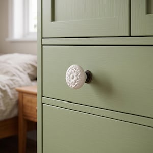 May include: A round white ceramic drawer knob featuring an embossed floral pattern and a dark metal base, mounted on a sage green wooden cabinet drawer. The knob has a detailed relief design with small dots and petals centred on the front surface.