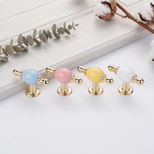 May include: Four cabinet knobs arranged in a row, each featuring a smooth oval-shaped center in pastel blue, pink, yellow, or white. Each knob has a polished gold-tone metal base and decorative end caps with a rounded, metallic finish.