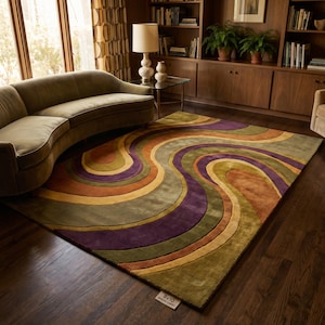 Modern Abstract Wave Rug, Colorful Curved Pattern Carpet, Mid Century Living Room Rug, Handmade Area Rug, Boho Floor Decor