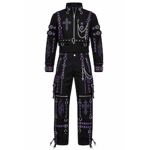 May include: A black long-sleeve jacket and matching pants set featuring purple straps, silver buckles, and metal chains. The jacket has a high collar, a front zipper, and purple cross embroidery. The pants include cargo pockets and flame patterns.