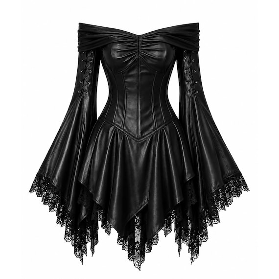 black off the shoulder leather dress Gothic Faux Off-Shoulder Dress, Witchy Lace Tunic, Steampunk Corset Mini swim-cover