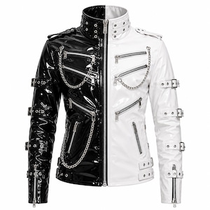 May include: A split-color black and white jacket with a glossy finish. The jacket features a high collar with buckle straps, multiple silver-tone metal zippers, decorative silver chains, and adjustable buckle straps along the sleeves and waist.