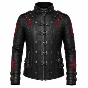Chaqueta de cuero gótica negra para hombre - Abrigo steampunk con hebilla y cruz roja bordada - Ropa alternativa para moteros