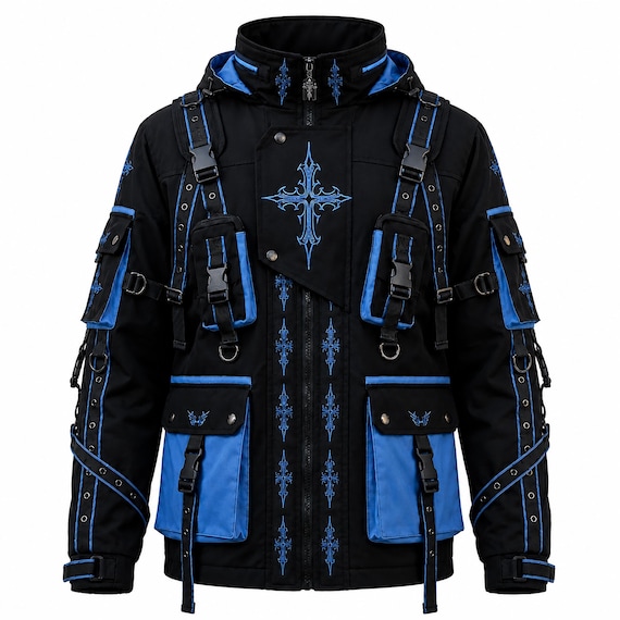 Gothic Cyberpunk Techwear Jacket – Black Blue Utility Harness Coat – Streetwear Goth Outerwear