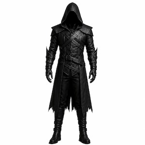 May include: A black hooded long coat featuring structured shoulder panels, multiple buckled straps across the chest and waist, fitted sleeves with pointed forearm guards, and a jagged, uneven hemline that extends to the mid-calf over matching trousers.