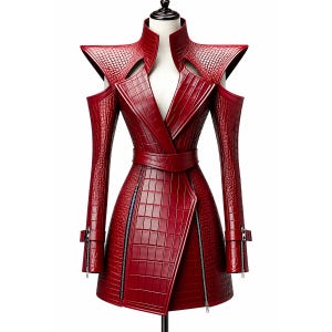Trench-coat gothique en cuir rouge façon croco pour femme, style steampunk, idéal pour le cosplay.