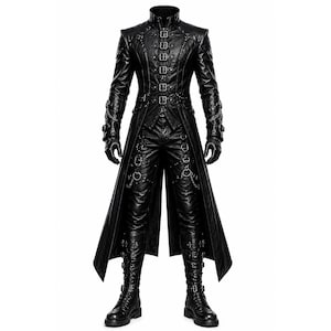 May include: A black long-coat featuring a high collar, multiple front buckle closures, and long sleeves with decorative chains. The outfit includes matching black trousers with integrated metal rings and chains, paired with black lace-up boots.