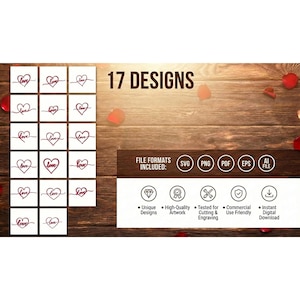 Puede incluir: Una colección de 17 diseños con la palabra "love" y un símbolo de corazón, presentados en pequeños cuadrados blancos. La imagen incluye iconos de formato de archivo y texto que indica diseños únicos y descarga digital instantánea.