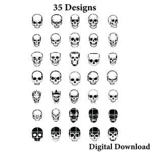 Pode incluir: Uma coleção de 35 desenhos de caveiras em preto e branco. As caveiras variam em estilo, algumas com coroas, e estão dispostas em filas. O texto "35 Designs" e "Digital Download" também está presente.