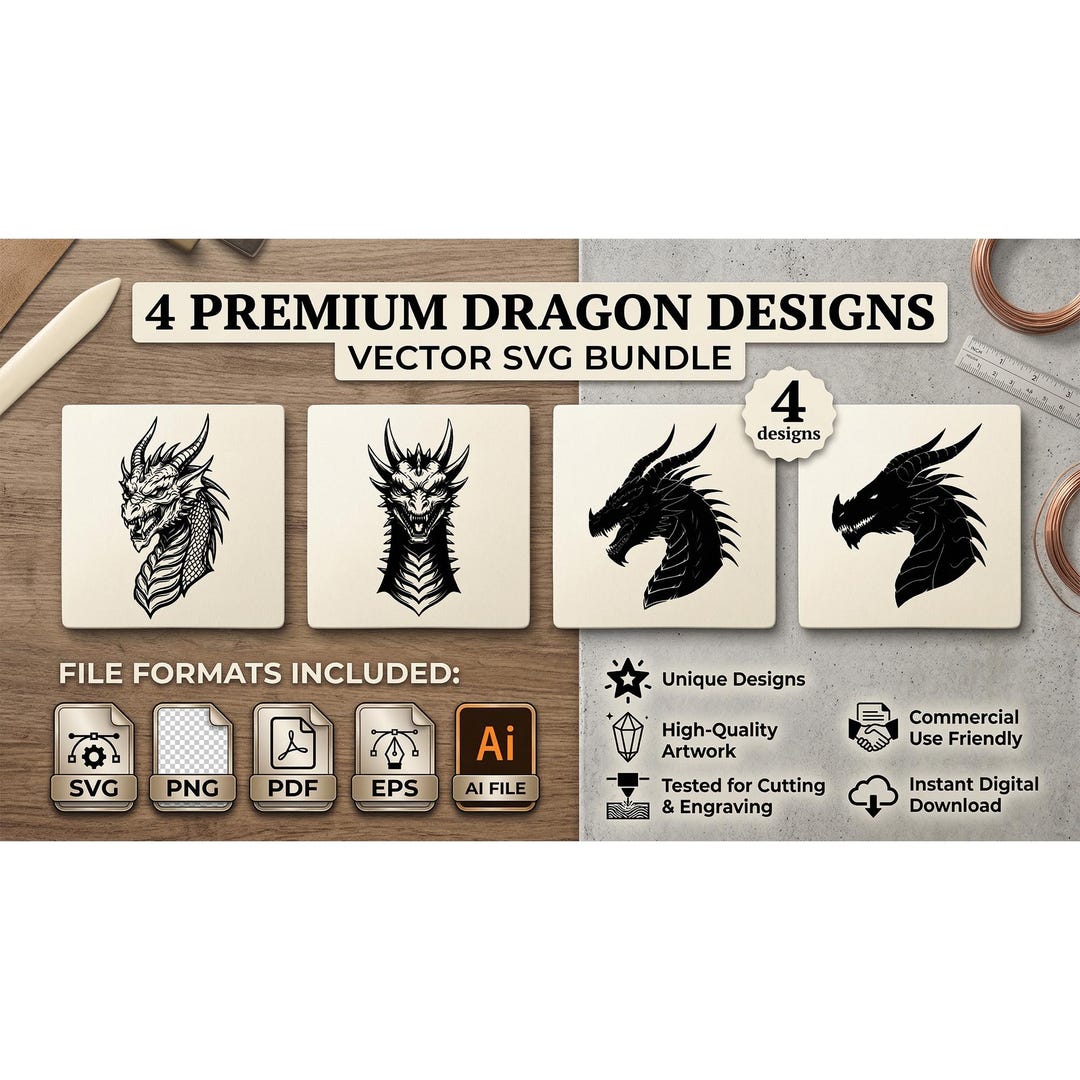 Dragon Head SVG Bundle | 4 Detailed Fantasy Dragon Designs | Cricut Cut ...