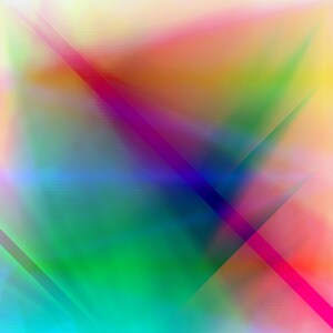 May include: An abstract digital composition featuring a vibrant spectrum of blended colors including magenta, teal, yellow, and blue. The image is characterized by sharp, intersecting diagonal lines that create a sense of depth and motion.
