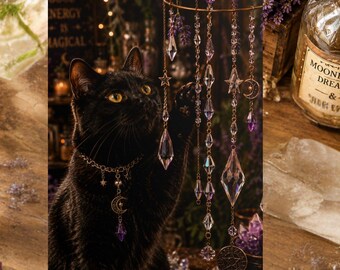 Mystical Black Cat Crystal Art Print, Witchy Wall Decor, Gothic Cat Artwork