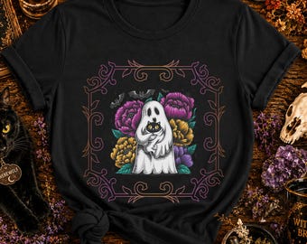 Ghost with Cat T-Shirt | Summer Halloween Spooky Floral Shirt