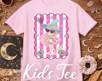 Sweet Summerween Witch Girl Kids T-Shirt | Pink Stripes, Seashells Shirt