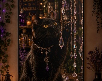 Mystical Black Cat Crystal Poster, Witchy Wall Art, Gothic Cat Decor