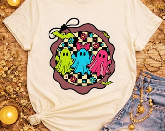 Colorful Ghost Trio T-shirt | Retro Checkerboard Halloween Tee
