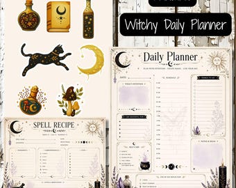 Witchy Planner Bundle | Daily Planner, Spell Recipe Cards, Celestial Grimoire Pages (Digital Download)