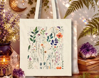 Botanical Wildflower Tote Bag, Cottagecore Canvas Market Tote