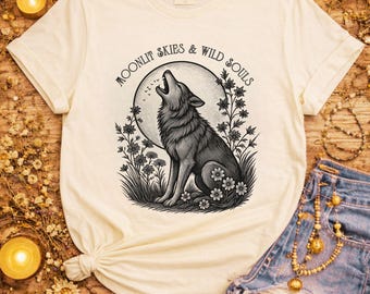 Howling Wolf Moon T-Shirt | Botanical Wolf Tee