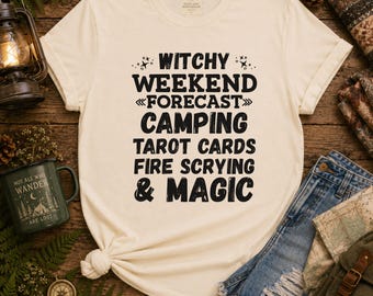 Witchy Weekend Forecast T-Shirt | Camping Tarot Cards Fire Scrying & Magic