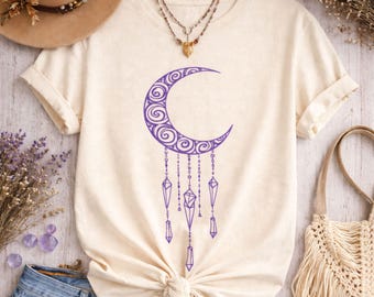 Boho Crescent Moon Crystal Graphic Tee, Witchy Celestial Shirt