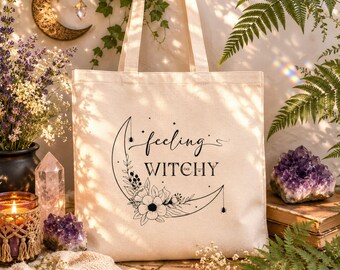 Feeling Witchy Canvas Tote Bag | Celestial Moon Botanical Market Bag